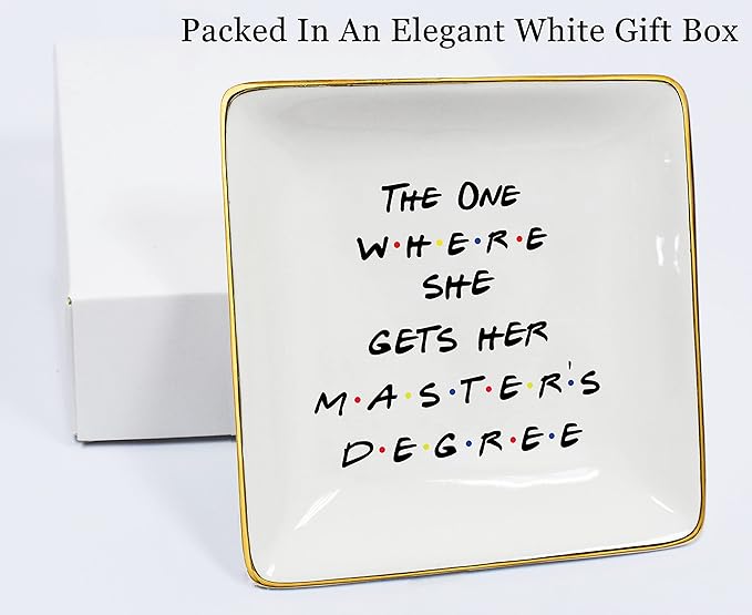 NZY Masters Degree Ring Dish Gifts for Students-Graduation Gifts for Best Friends Daughter Cousin Sister,MBA Present-The One Where She Gets Her Master's Degree-Jewelry Holder Trinket Tray