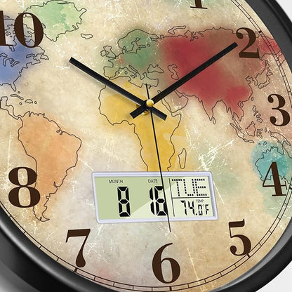 Modern Round Retro Digital and Analog Wall Clock Silent Calendar Colorful World Map Vintage Clocks with Date and Temperature Week Quiet Non-Ticking Kid Room Office Kitchen Decor for Bedroom 12 Inch