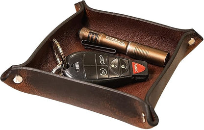 Valet Tray – Full-Grain Leather Catchall Organizer for Keys, Phone & Wallet – Rustic Nightstand & Desk Tray with Raised Sides – Handmade in USA (Vintage Brown, Small Square)