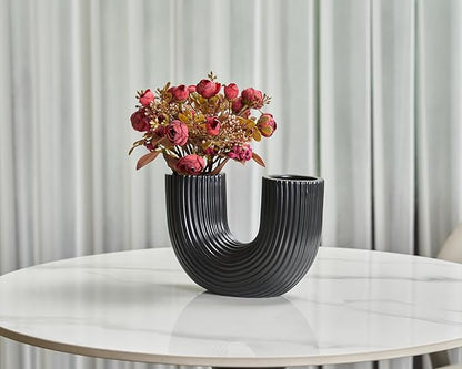 Black Ceramic Vase Decor, U-Shaped Stripes Vase, Modern Decorative Vase, Aesthetic Vase for Modern Homes, Offices, Ideal Gift for Birthdays and Special Occasions