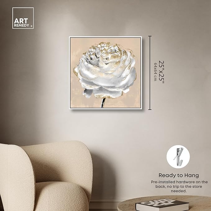 Art Remedy Beige Ranunculus Canvas Elegant White Gold Wall Art, White Frame, 24" x 24"
