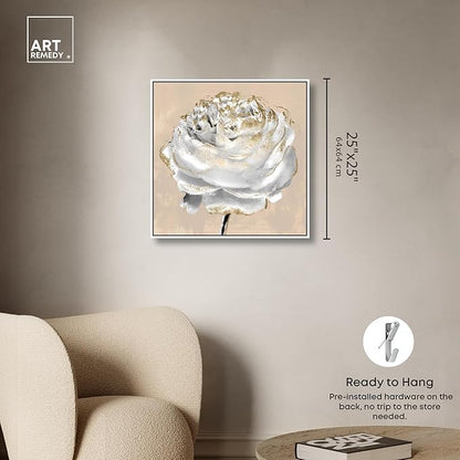 Art Remedy Beige Ranunculus Canvas Elegant White Gold Wall Art, White Frame, 24" x 24"
