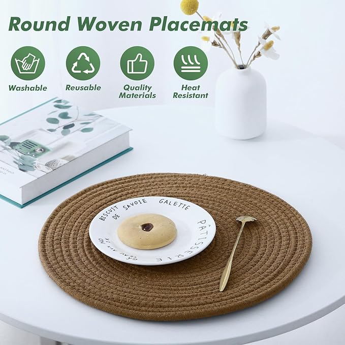 Round Woven Placemats Set of 8 Heat Resistant Placemats 13.5 Inches Farmhouse Cotton Rope Place Mats for Dining Tables Trivets for Hot Dishes Kitchen Décor, Mixed Brown