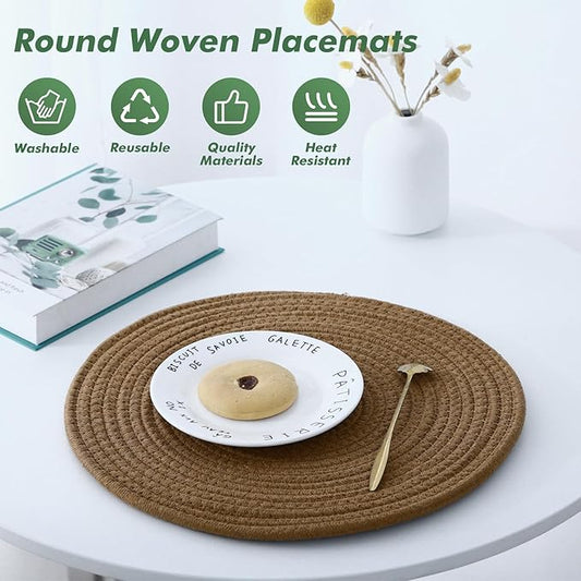 Round Woven Placemats Set of 8 Heat Resistant Placemats 13.5 Inches Farmhouse Cotton Rope Place Mats for Dining Tables Trivets for Hot Dishes Kitchen Décor, Mixed Brown