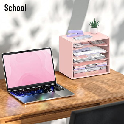 5-Tier Wood Desk Organizer, Paper Tray Organizer for Desk with Adjustable Storage Shelves, Desktop File Organization Paper Sorter Mail Holder for Office Home Classroom, Pink