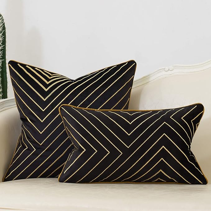 Avigers 20 x 20 Inch Black Gold Striped Geometric Lines Embroidery Velvet Cushion Case Luxury Modern Throw Pillow Cover Decorative Pillow for Couch Living Room Bedroom Car 50 x 50cm