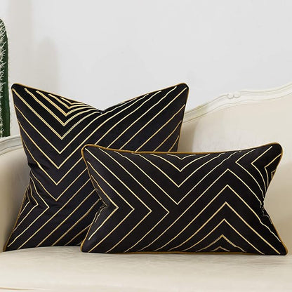 Avigers 18 x 18 Inch Black Gold Striped Geometric Lines Embroidery Velvet Cushion Case Luxury Modern Throw Pillow Cover Decorative Pillow for Couch Living Room Bedroom Car 45 x 45cm