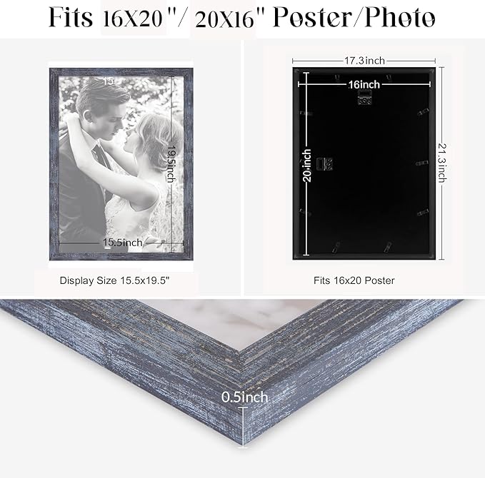 16x20 Frame Rustic Blue, 20x16 Picture Poster Frame, Horizontal Vertical Hanging, Large 16 by 20 Wall Gallery Family Concert Portrait Photo Frame Anniversary/Birthday/Wedding/Thank you/Christmas Gift