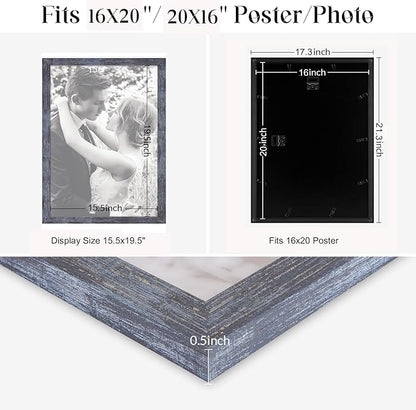 16x20 Frame Rustic Blue, 20x16 Picture Poster Frame, Horizontal Vertical Hanging, Large 16 by 20 Wall Gallery Family Concert Portrait Photo Frame Anniversary/Birthday/Wedding/Thank you/Christmas Gift