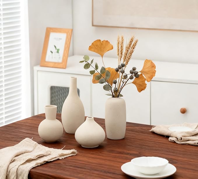 Beige Ceramic Vase Home Decor Small Flowers Vase Set of 4 Living Room Decoration Bookshelf Bedroom Kitchen Dining Table Modern Farmhouse