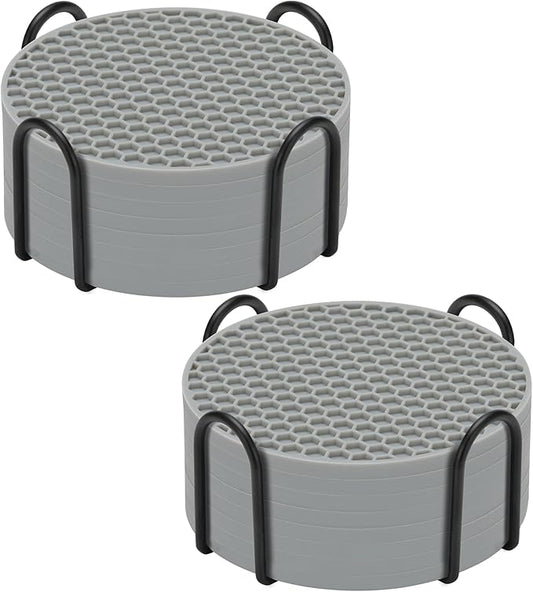 Silicone Coaster Set of 16 with Holder, Drinks Coasters, Suitable for Hot or Cold Cups, Anti-Slip, Non-Stick, Anti-Overflow Tabletop Protection and Decor (Gray, 16 Pcs)