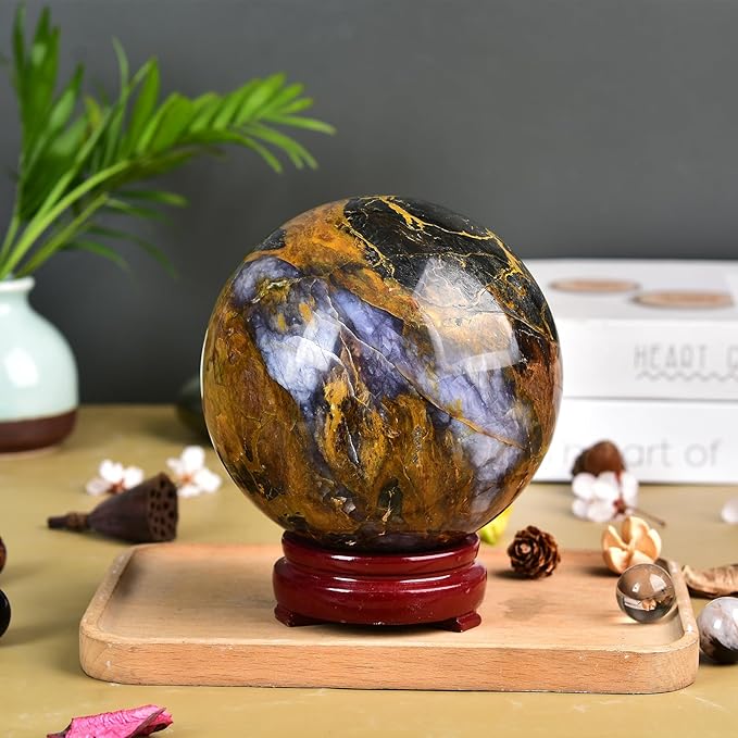 JIC Gem Large Pietersite Crystal Sphere with Wooden Stand a Mineral This Rare Quartz Crystal Ball Healing Crystal Sphere 110-120mm