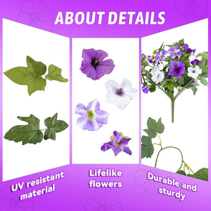 Artificial Fake Flowers for Outdoor Plants Decoration,2 Pcs Faux Petunias Flowers Plants UV Resistant Silk for Porch Yard Garden Home Indoor Decor(Purple White)