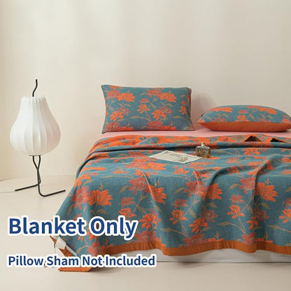 100% Cotton Muslin Blanket Jacquard Floral Flowers Bloosom Print Quilt, Soft Bed Cover Reversible Bedspread Coverlet Breathable Lightweight Bedding Full/Queen(78"x94"), No Pillow Sham