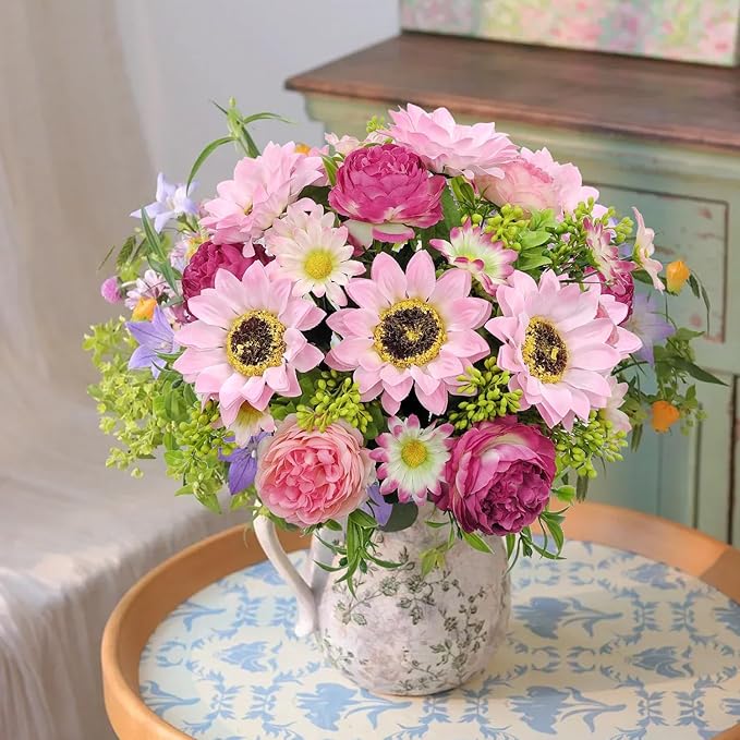 3 Pcs Fall Flowers Artificial Mums Silk Fake Mums Bouquet Faux Floral Arrangements Home Indoor Outdoor Planter Decor Party Wedding Table Autumn Decoration (Purple, Pink)