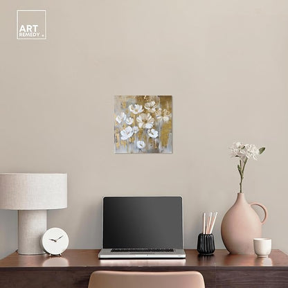 Art Remedy Golden Daisies Canvas Elegant White Gold Wall Art, Gallery Wrapped, 12" x 12"