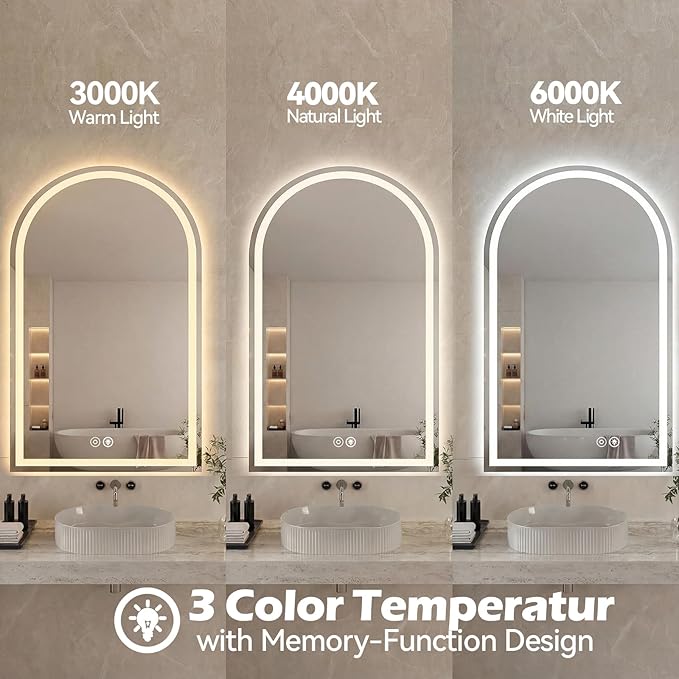 Sweetcrispy 24"×36" LED Bathroom Mirror with Lights, Arched Vanity Mirror with Anti-Fog, Dimmable, 3-Color Light, Memory Function, Tempered Glass