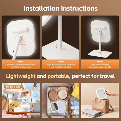 Rechargeable 2400mAh Makeup Mirror,360-degree rotatable Tabletop Vanity Mirrors with Lights，High-Definition led led Vanity Mirrors，Compact Mirror with Light for Women Gifts
