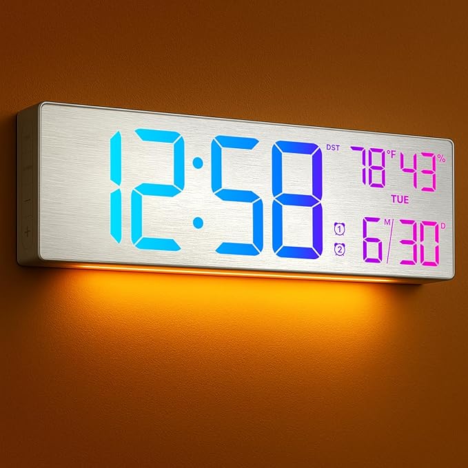 MASHI 18.5" Large Digital Wall Clock with Remote Control, Dual Alarm with Big LED Screen Dispaly,10 Adjustable Brightness, DST, Date Week,Temp for Living Room, Bedroom, Gift for Elderly (Silver)