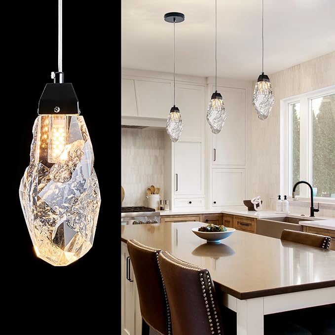 Black Crystal Pendant Light, Modern Mini Hanging Ceiling Light with Prism Crystals, LED Compatible Small Chandelier for Kitchen Island, Bathroom, Bedroom, Bar