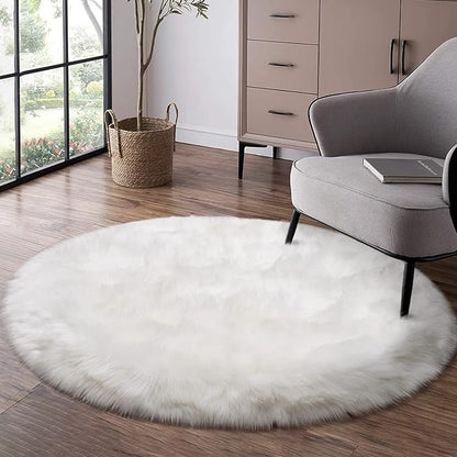 Tangsoo White Round Faux Fur Rugs, Sheepskin Round 3ft Soft Small Circle Rugs, 3x3 Fuzzy Plush Fur Rug, Shag Circular Rug Floor Carpet for Bedroom Kids Room, Nursery, Girls Room, Dorm