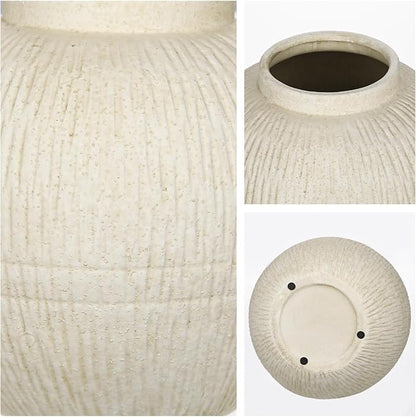 9" Large Rustic Vase with Linear Sculpture and Rich Sand Texture, Round Ceramic Vase with Wide Belly for Space Filling Decor, Retro Style & Beige White