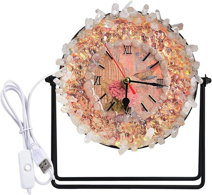 JIC Gem Clear Quartz Crystal Clock with Lamp Decorative Desk Clock USB Port Night Light Home Office Decor