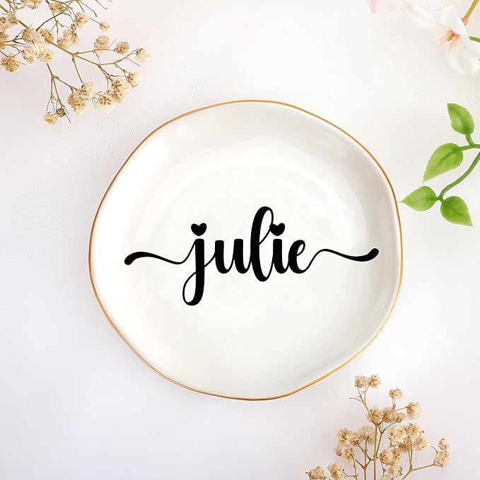 JoycuFF Julie Personalized Name Ceramic Jewelry Tray, Mothers Day Christmas Anniversary Engagement Birthday Gifts for Women Couples, Trinket Dish for Rings Earrings Necklaces Bracelets Keys