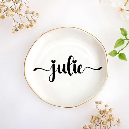JoycuFF Julie Personalized Name Ceramic Jewelry Tray, Mothers Day Christmas Anniversary Engagement Birthday Gifts for Women Couples, Trinket Dish for Rings Earrings Necklaces Bracelets Keys