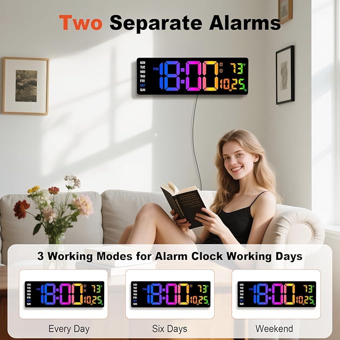 16" Large Digital Wall Clock,9 RGB Colors Digital Clock Large Display with Remote Control,Auto-Dimming,Countdown,Temp,Night Lights for Classroom,Living Room,House Warming, for Elderly