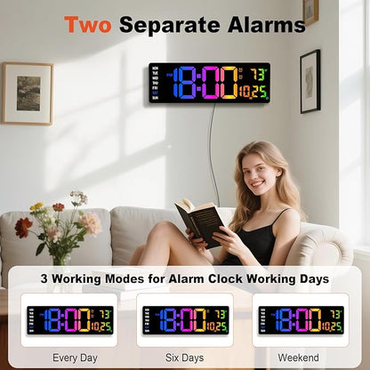 16" Large Digital Wall Clock,9 RGB Colors Digital Clock Large Display with Remote Control,Auto-Dimming,Countdown,Temp,Night Lights for Classroom,Living Room,House Warming, for Elderly