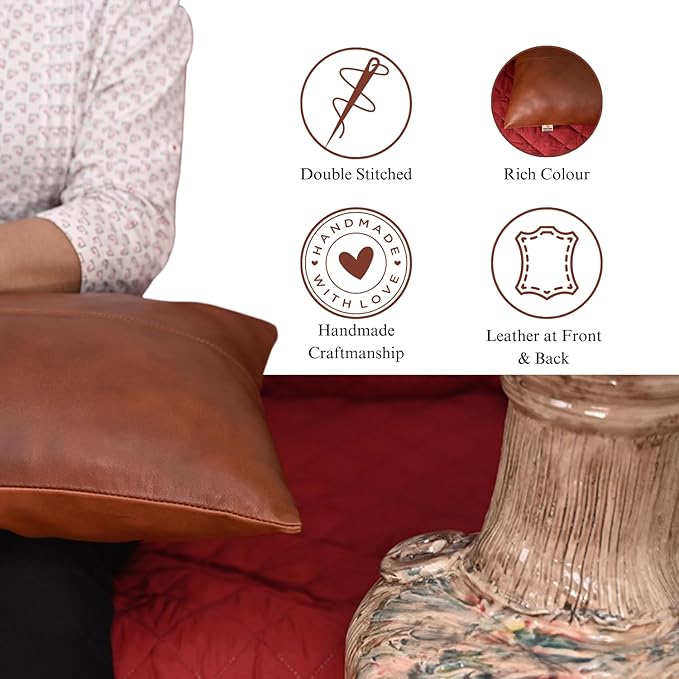 100% Lambskin Leather Pillow Cover - Sofa Cushion Case - Decorative Throw Covers for Living Room & Bedroom, 12x20 Inch - Dark Tan Plain Pack of 1