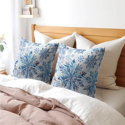 Christmas Pillow Covers 20x20 Set of 2 Decorations Blue White Snowflakes Throw Pillow Covers Decorative Vintage Winter Pillow Case Farmhouse Rustic Pillowcases Cozy Soft for Sofa Bed Chair Home Decor
