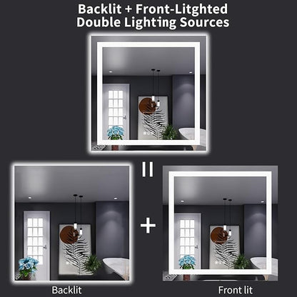 LOAAO 38"X38" LED Bathroom Mirror with Lights, Anti-Fog, Dimmable, Backlit + Front Lit, Lighted Bathroom Vanity Mirror for Wall, Memory Function, Tempered Glass, Shatter-Proof, ETL Listed