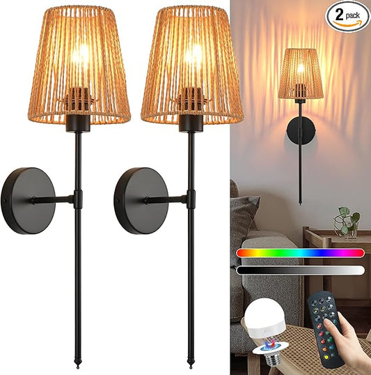 Battery Operated Wall Sconces Set of two, Black Rattan Shade Wireless Wall Lights with Remote Rechargeable Bulbs, 15 Colors and Dimmable, Cordless Battery Powered Wall Lamp for Living Room Bedroom