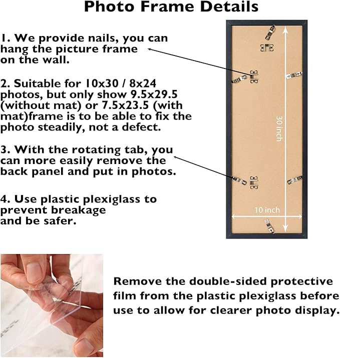 10x30 Picture Frame with 8x24 Mat Set of 2, Display Photo 8x24 with Mat or 10 x 30 Without Mat, Wall Hanging Large 10 by 30 Poster Frame with Plexiglass, 2 Pack, Black