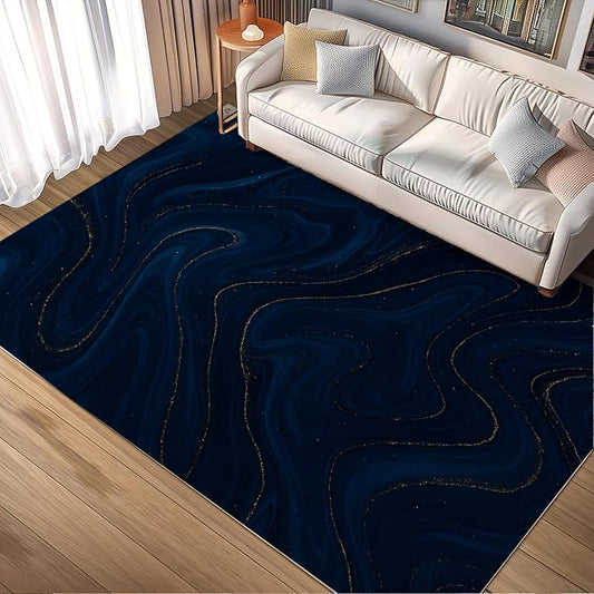 Luxury Marble Rugs - 7x10 Area Rug, Navy Blue Marble Area Rugs, Modern Abstract Living Room Rug, Washable & Non Slip Large Rug Home Decor