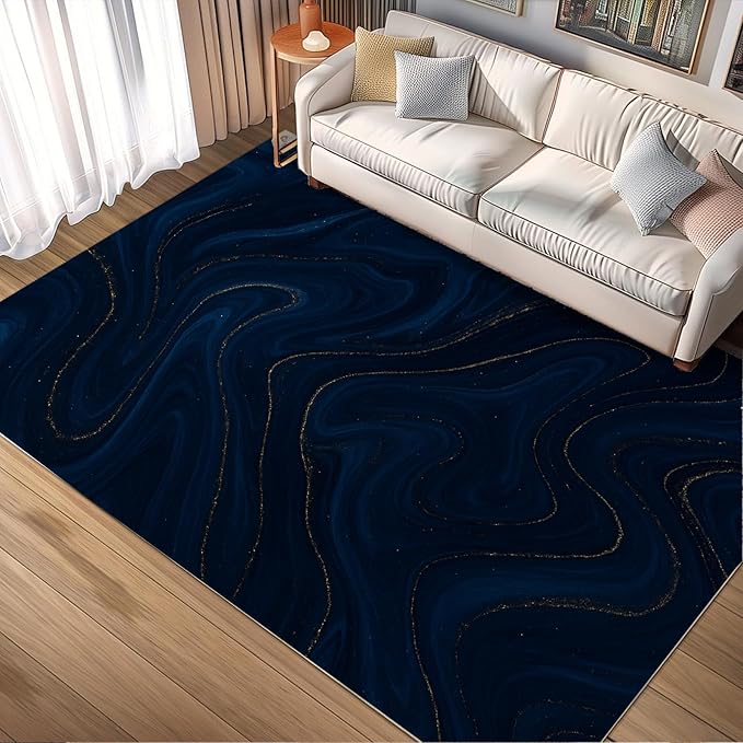 Luxury Marble Rug - 3x6 Runner Rug, Navy Blue MarbleModern Abstract Bedside Rugs, Washable & Non Slip Carpet Home Decor