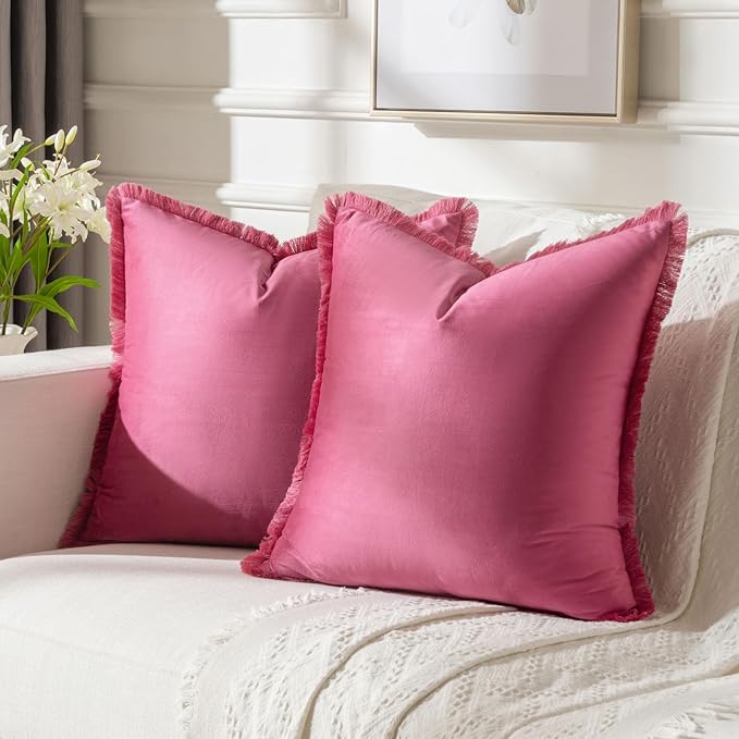 FUTEI Hot Pink Velvet Decorative Throw Pillow Covers 26x26 Set of 2,Soft Cozy Edge with Tassels Euro Pillow Shams,Boho Modern Home Decor for Couch Bed Living Room