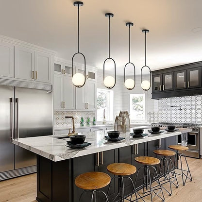 Modern Globe Pendant Light Mid Century Chandelier 1-Light Matte Black Ceiling Hanging Lighting Fixture with White Globe Glass Lampshade for Kitchen Island Dining Room Bedroom (2 Pack)