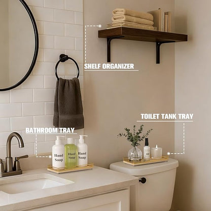 Bathroom Vanity Tray – 12" x 6" Oak Decorative Wooden Tray for Toilet Tank Organizer Wood Tray for Bathroom Countertop, Soap, Perfume & Storage, Vanity & Dresser Decor, Gold & Natural Oak