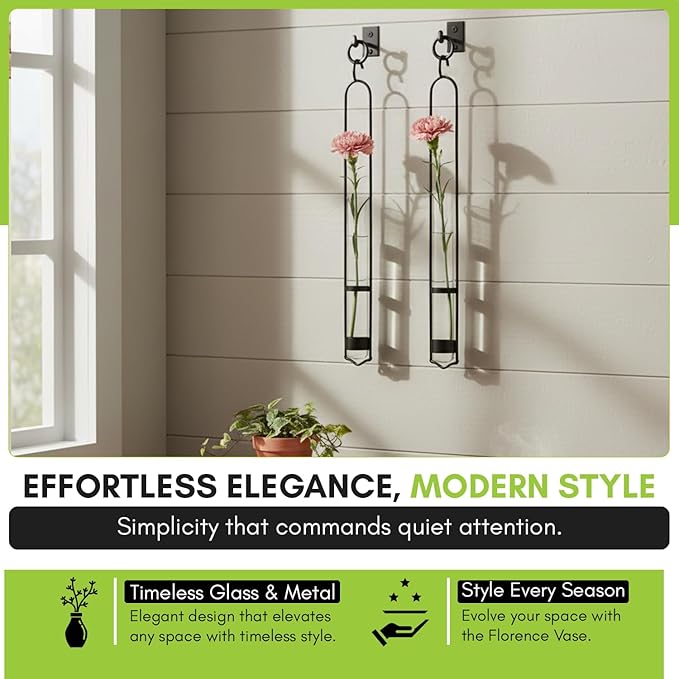 COURONNE CO. Florence Hanging Pendant Tube Vase with Wall Hook, Clear Flower Holder, Glass Vases for Flowers, Wall Plant Hanger for House Vase Decor, 16.’’H, Pack of 2