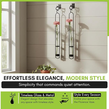 COURONNE CO. Florence Hanging Pendant Tube Vase with Wall Hook, Clear Flower Holder, Glass Vases for Flowers, Wall Plant Hanger for House Vase Decor, 16.’’H, Pack of 2