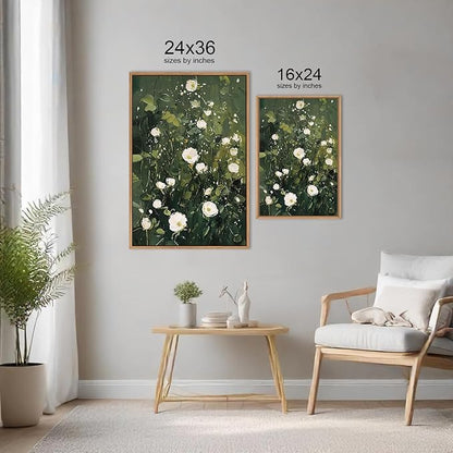 HLNIUC Green White Floral Framed Wall Art Set, Abstract Flower Canvas Wall Decor, Modern Botanical Wall Painting, Blossom Landscape Art Print for Living Room, Bedroom, Office - 24"x36"x3