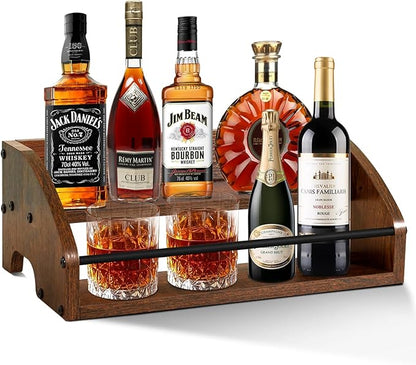 Rustic Wooden Countertop Organizer- Liquor Bottle Display Shelf, Coffee Syrup Rack, Mini bar, Liquor Cabinet, Home Retro Bar Shelf Stand for Liquor Whiskey, Spirits - Brown