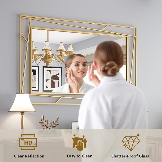 Brushed Gold Bathroom Mirror, 48''X24'' Rectangular Wall Mirrors with Geometric Metal Frame for Bathroom Bedroom Living Room, Hang Horizontally or Vertically