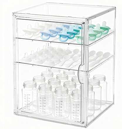 Baby Bottle Organizer, 3 Tiers Acrylic Bottle Storage Organizer Container, Clear Plastic Bottle Station Organizer with 2 Adjustable Dividers for Kitchen Countertop, Bathroom, Cabinet, Vanity