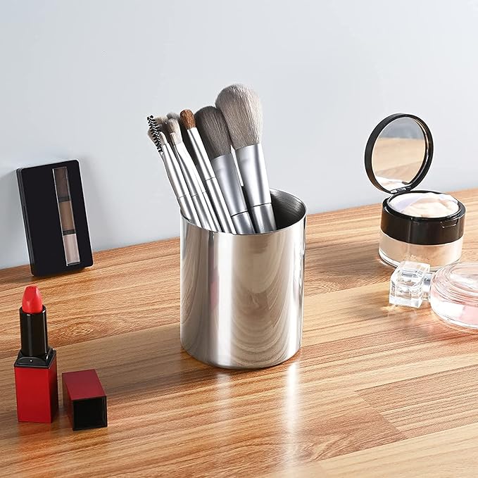 Silver Pen Holder for Desk, SUS304 Stainless Steel Heavy Duty Pen Holder Stand,Cylinder Pencil Holder,Desktop Stationery Organizer