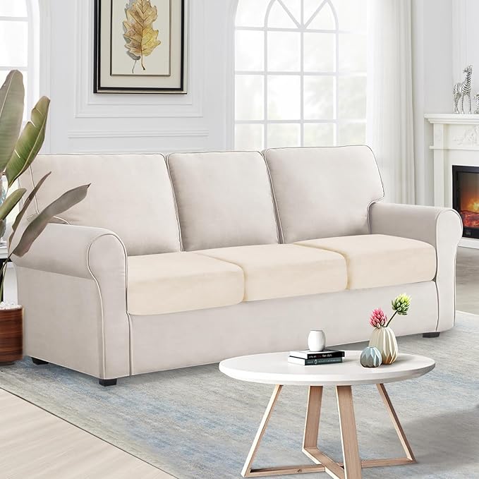 NAISI Couch Cushion Covers 3 Pieces Velvet Stretch Sofa Seat Covers or Backrest Covers Soft Individual Couch Covers for Sectional Sofa(3 Pcs for 3-Seat Cushion,Beige)