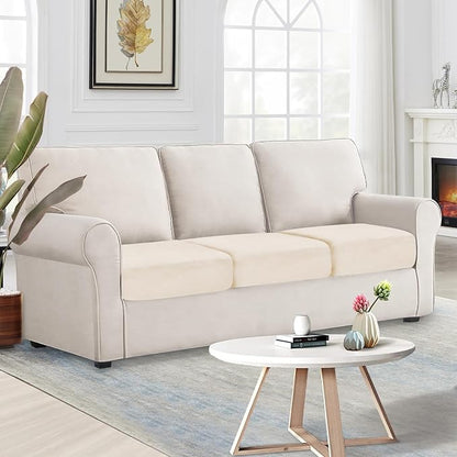 NAISI Couch Cushion Covers 3 Pieces Velvet Stretch Sofa Seat Covers or Backrest Covers Soft Individual Couch Covers for Sectional Sofa(3 Pcs for 3-Seat Cushion,Beige)